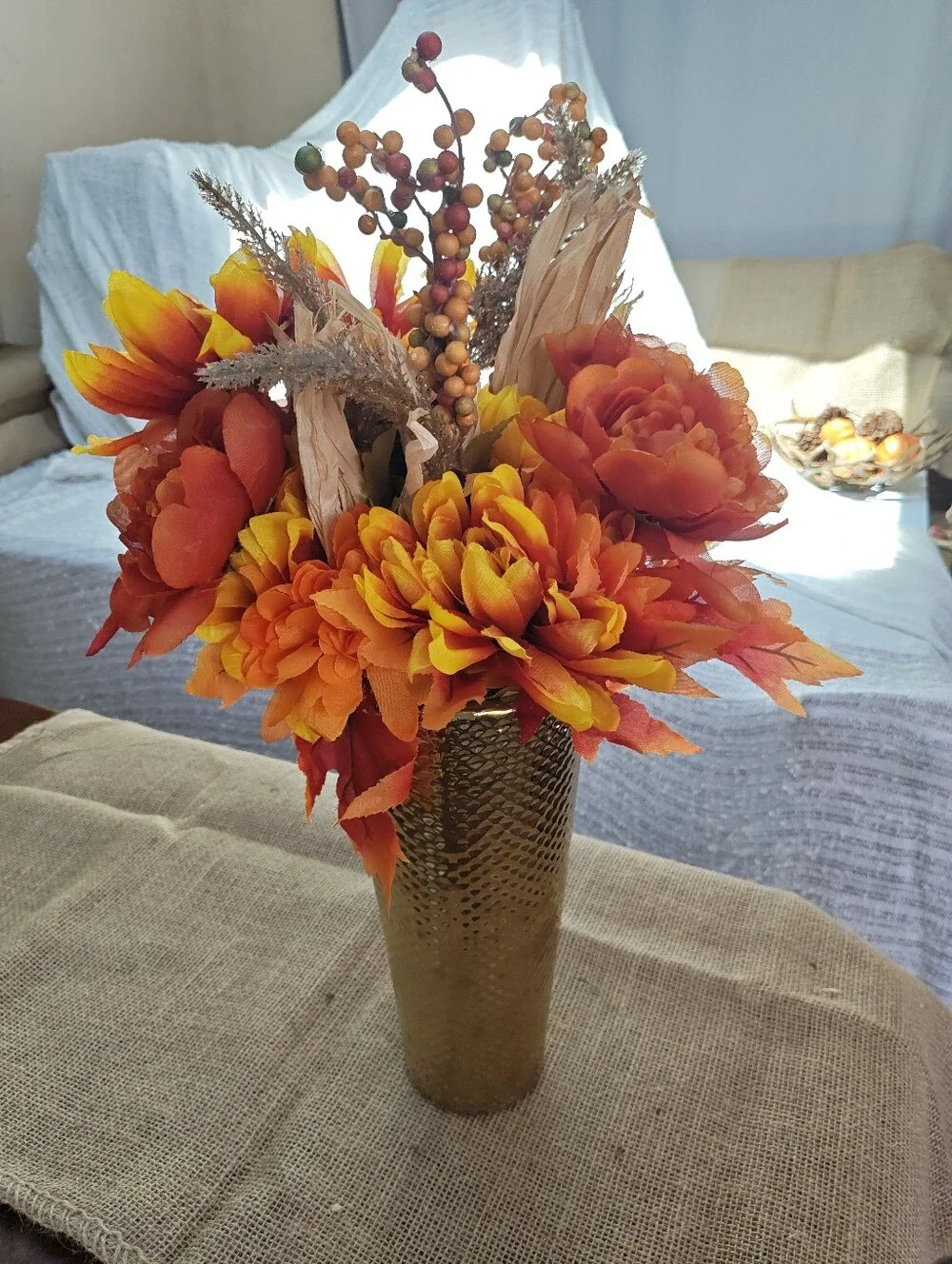 Fall Floral Centerpiece Orange Flowers Textured Gold Vase